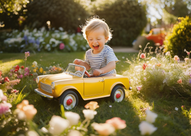ילד ומכונית צעצוע גדולה